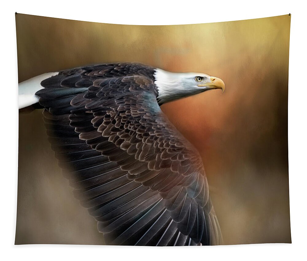 Bald Eagle Tapestry featuring the digital art Bald Eagle Flyby by Jeanette Mahoney
