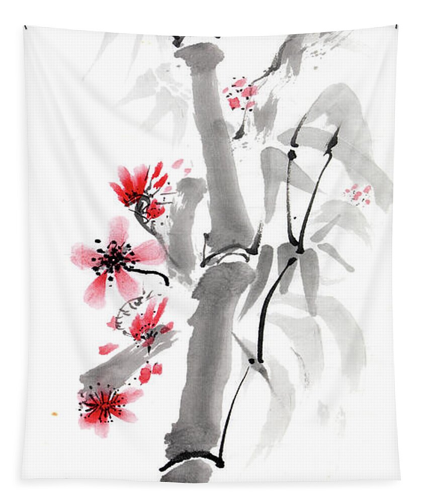 Bamboo Ink Chinese Painting Red Flowers Tapestry featuring the painting Bamboo by Gloria Newlan