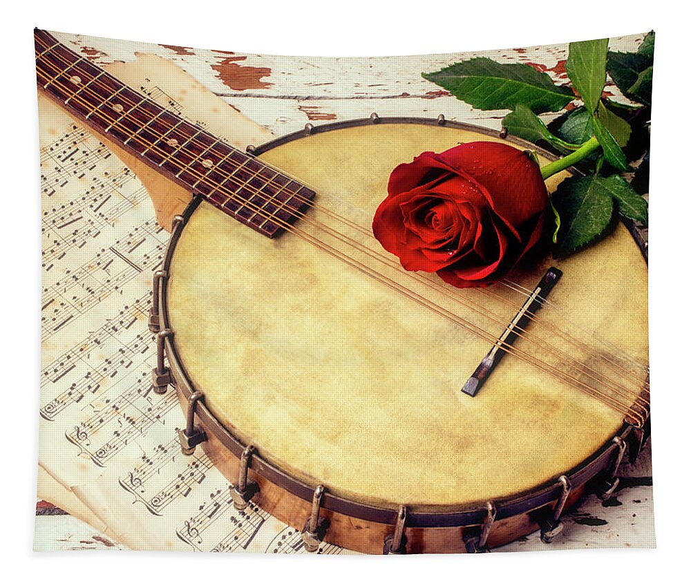 Mandolin Banjo Tapestry featuring the photograph Banjo And Red Rose by Garry Gay