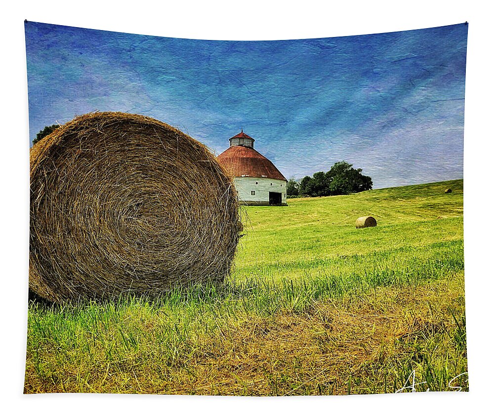 Round Barn Tapestry featuring the photograph Barn and Bales All Around by Andrea Platt