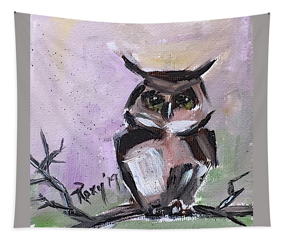 Owl Tapestry featuring the painting Barn Owl on a Branch by Roxy Rich
