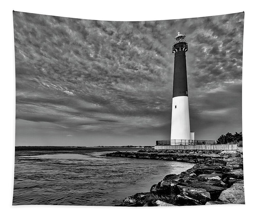 Barnegat Light Tapestry featuring the photograph Barnegat Lighthouse Afternoon BW by Susan Candelario