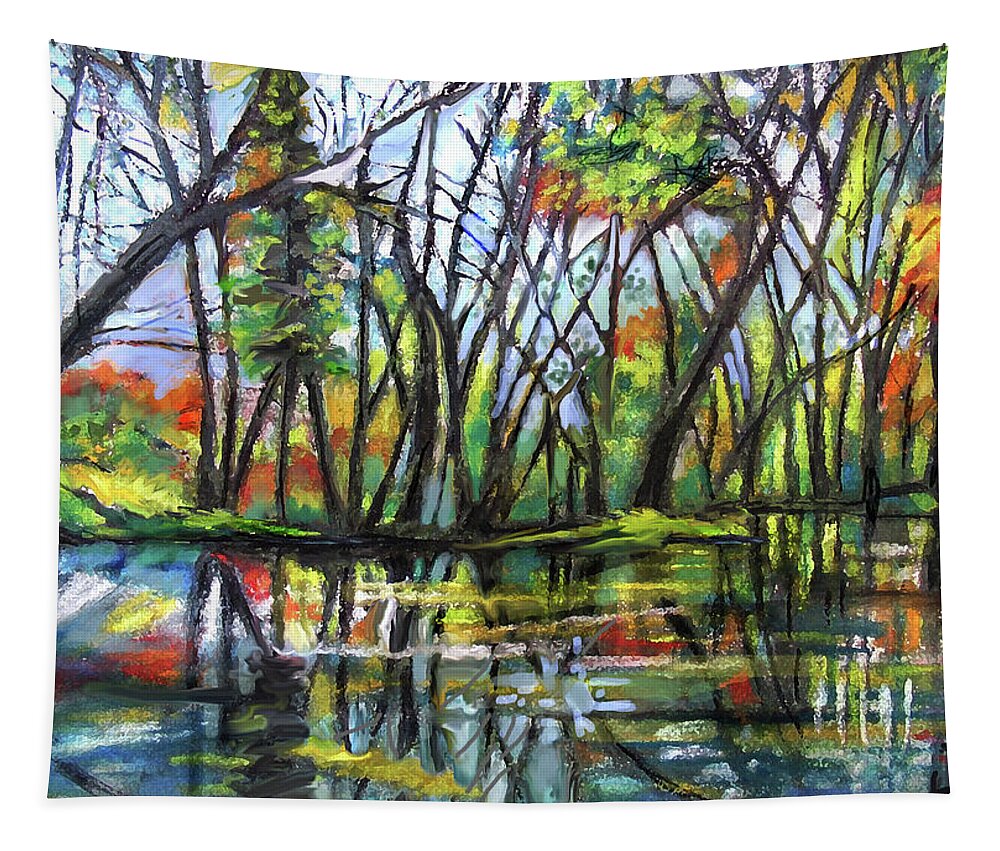 Trees Reflected In Water Tapestry featuring the pastel Bayou Reflections by Jean Batzell Fitzgerald