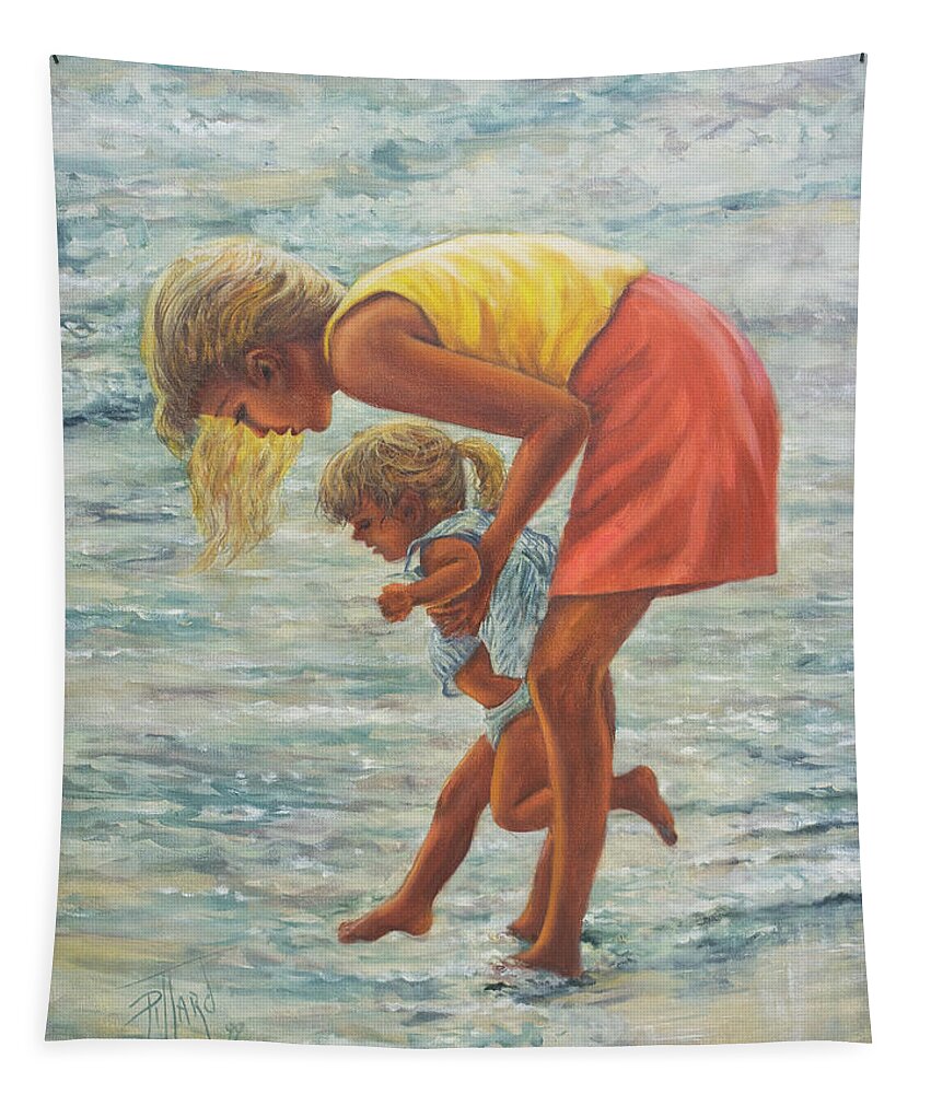 Mother And Child At Beach Tapestry featuring the painting Forever Memories by Lynne Pittard