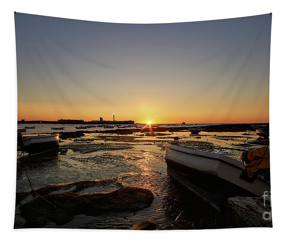 Andalucia Tapestry featuring the photograph Beached Boats at Sunset La Caleta Cadiz Andalusia by Pablo Avanzini