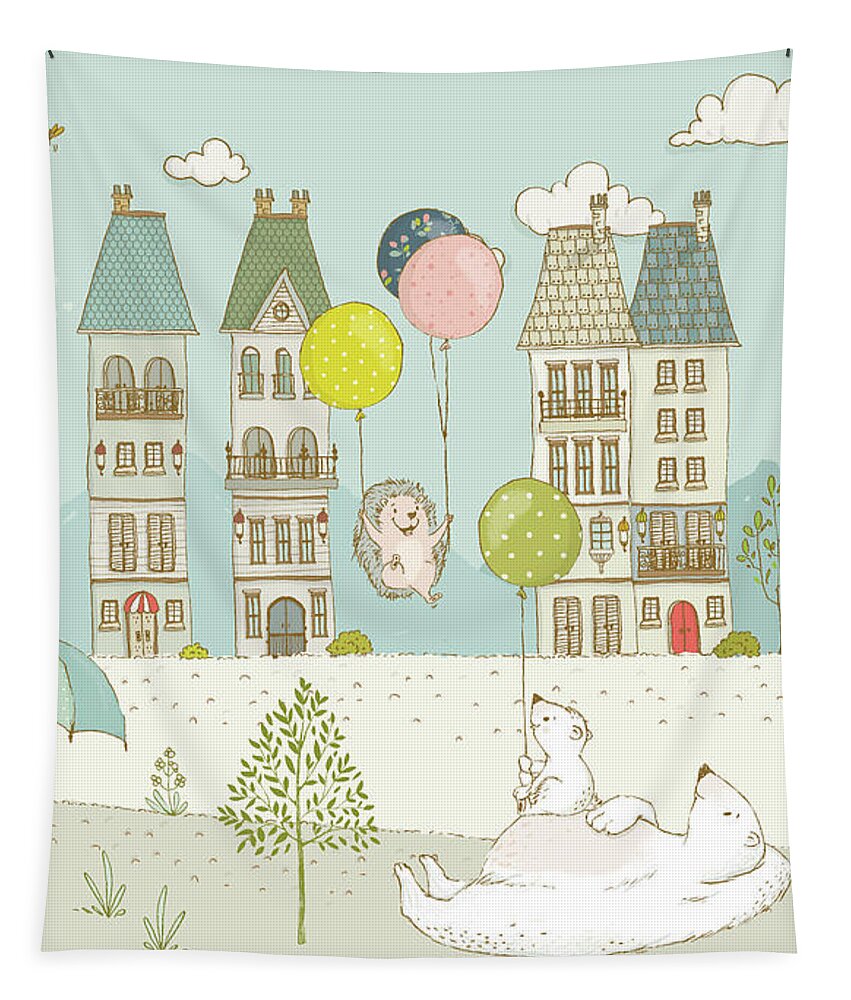 Whimsical Tapestry featuring the painting Bears and mice outside the city cute whimsical kids art by Matthias Hauser