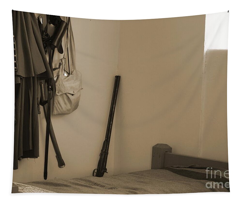 Bed Tapestry featuring the photograph Bed in Barracks at Fort Stanton New Mexico In Sepia by Colleen Cornelius