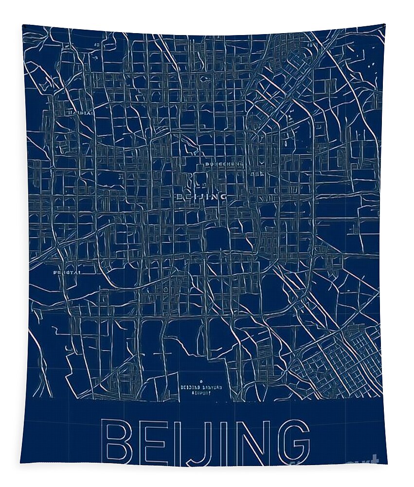 Beijing Tapestry featuring the digital art Beijing Blueprint City Map by HELGE Art Gallery