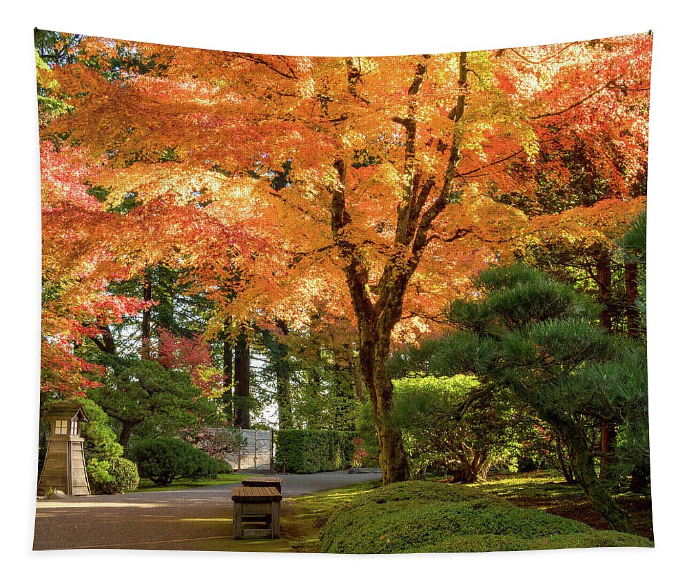 Garden Tapestry featuring the photograph Bench in Japanese Garden by Jean Noren