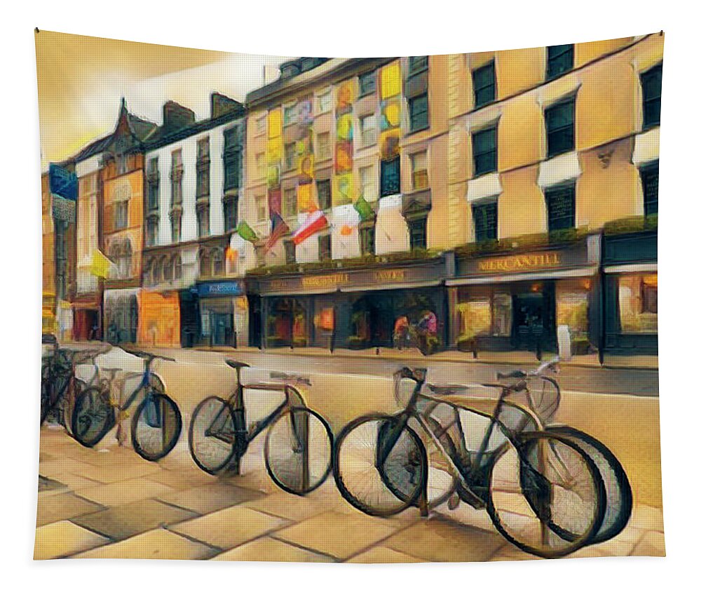 O'neill's Tapestry featuring the photograph Bicycles on the Streets of Dublin by Debra and Dave Vanderlaan