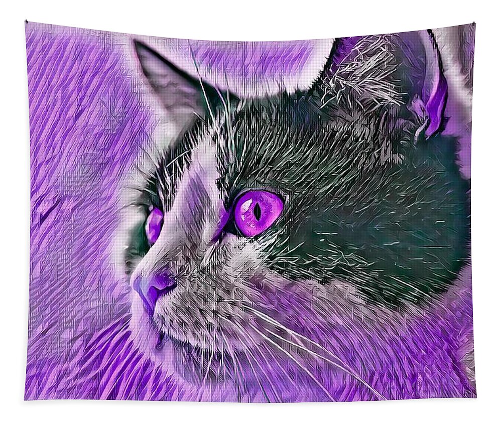 Purple Tapestry featuring the digital art Big Head Tuxedo Cat Purple Eyes by Don Northup