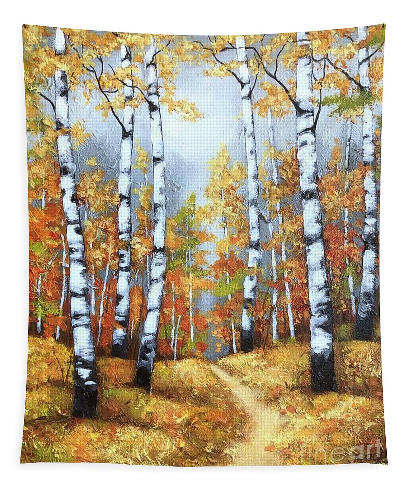 Fall Tapestry featuring the painting Birch light along the path by Inese Poga