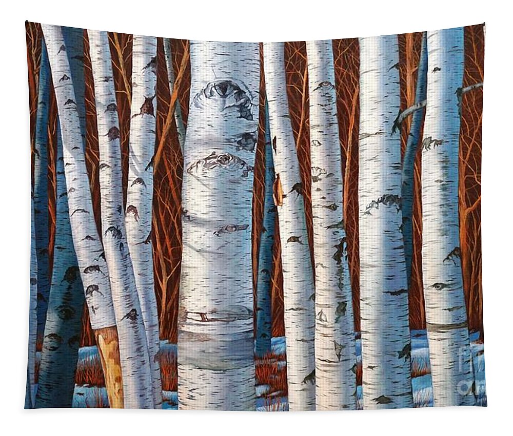 Birch Tapestry featuring the painting Birch Trees in early winter in painting by Christopher Shellhammer