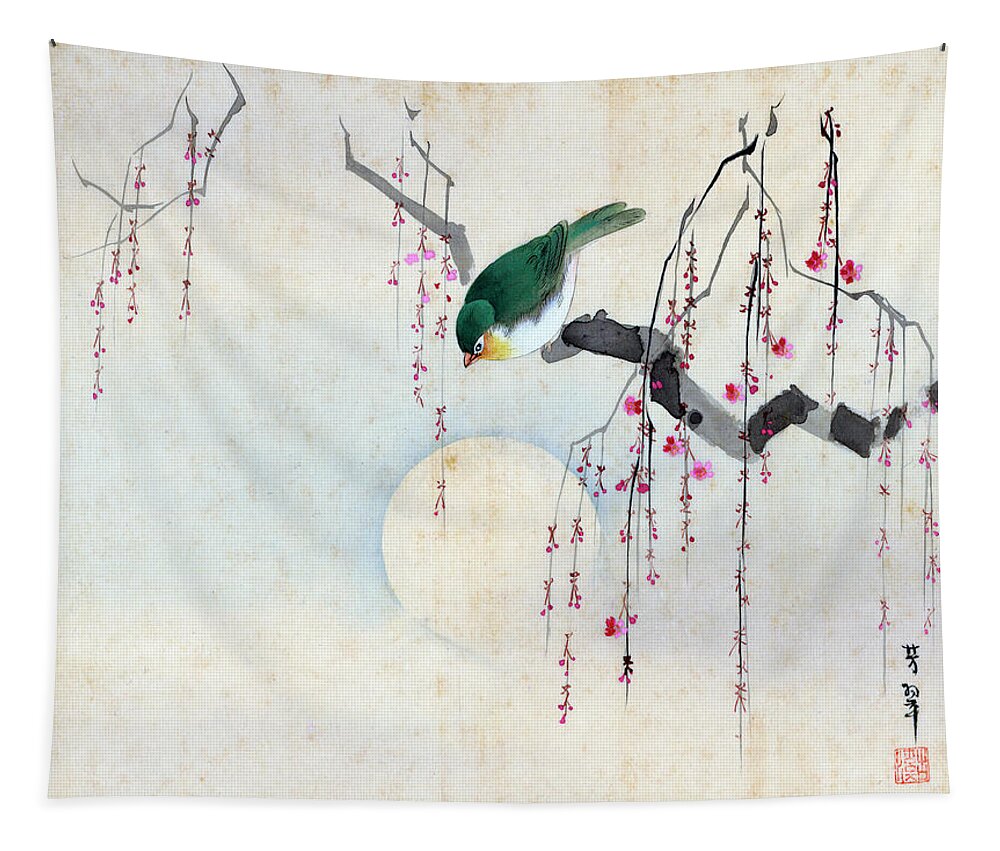 Hotei Tapestry featuring the painting Bird and Moon by Hotei