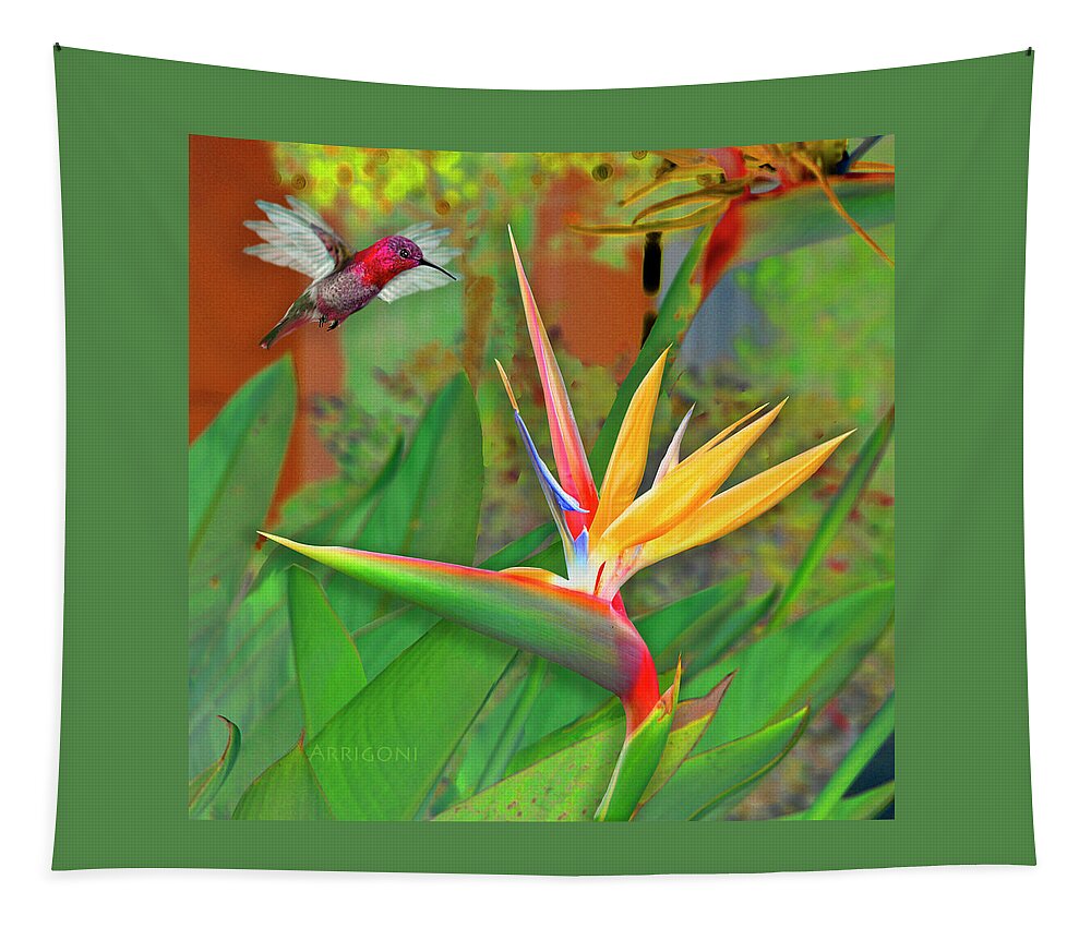 Bird Of Paradise Tapestry featuring the painting Birds of Paradise, Green by David Arrigoni