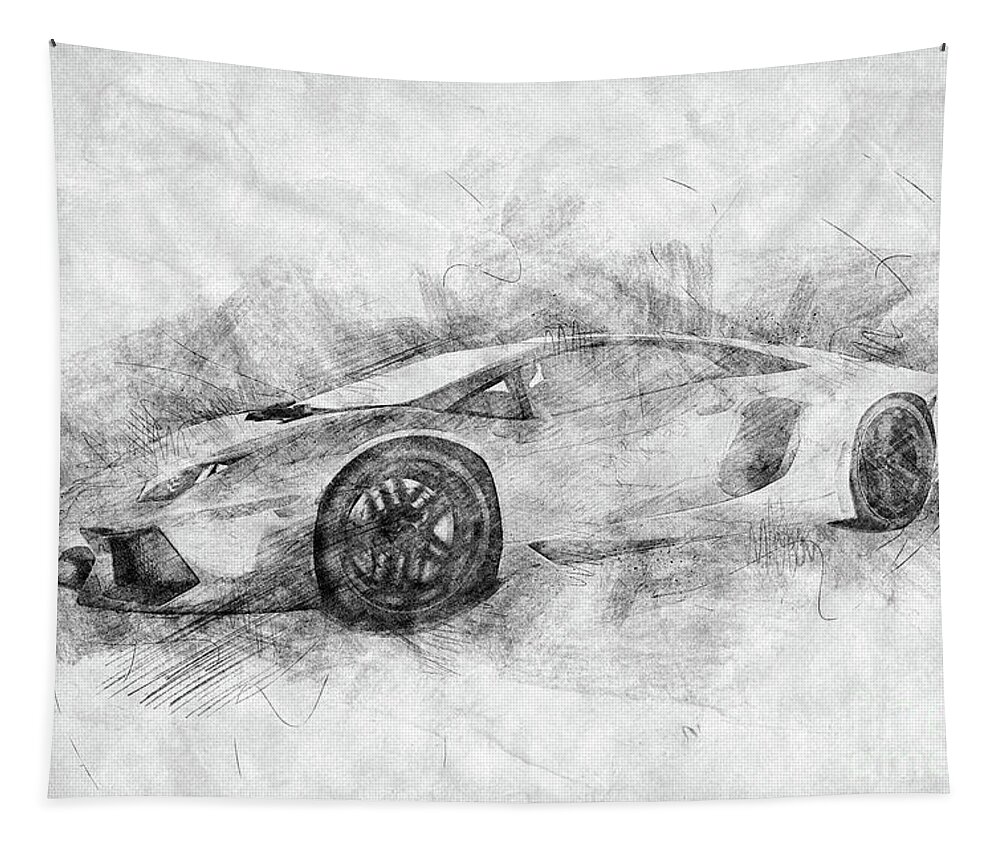 Car Tapestry featuring the photograph Black and white drawing of sports car. by Michal Bednarek