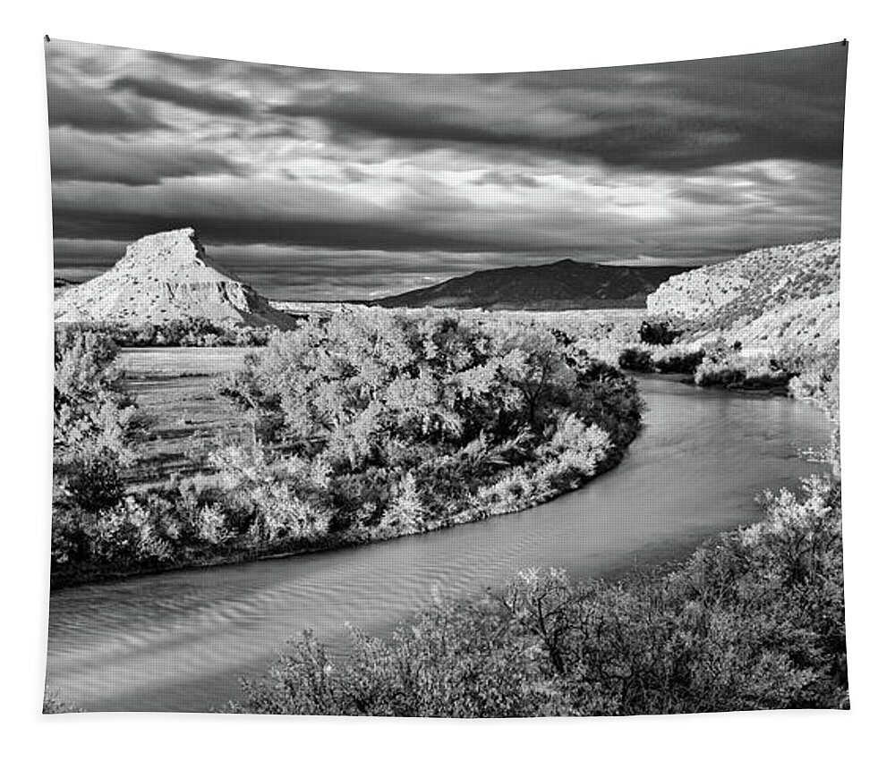 Rio Chama Tapestry featuring the photograph Black and White Photograph of the Rio Chama and Cerrito Blanco in Abiquiu - Rio Arriba New Mexico by Silvio Ligutti