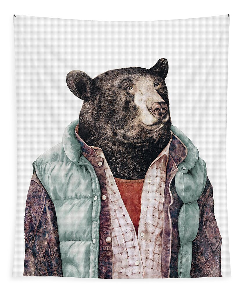 Black Bear Tapestry featuring the painting Black Bear Cyan by Animal Crew