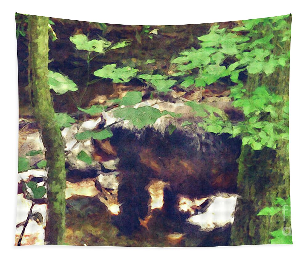 Bear Tapestry featuring the digital art Black Bear In Woods by Phil Perkins