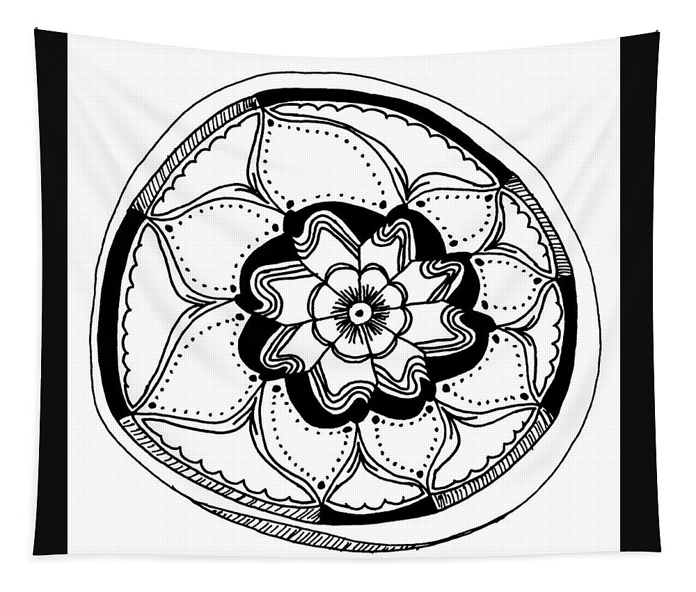 Ink Drawing Tapestry featuring the drawing Black Flower Mandala by Lisa Blake