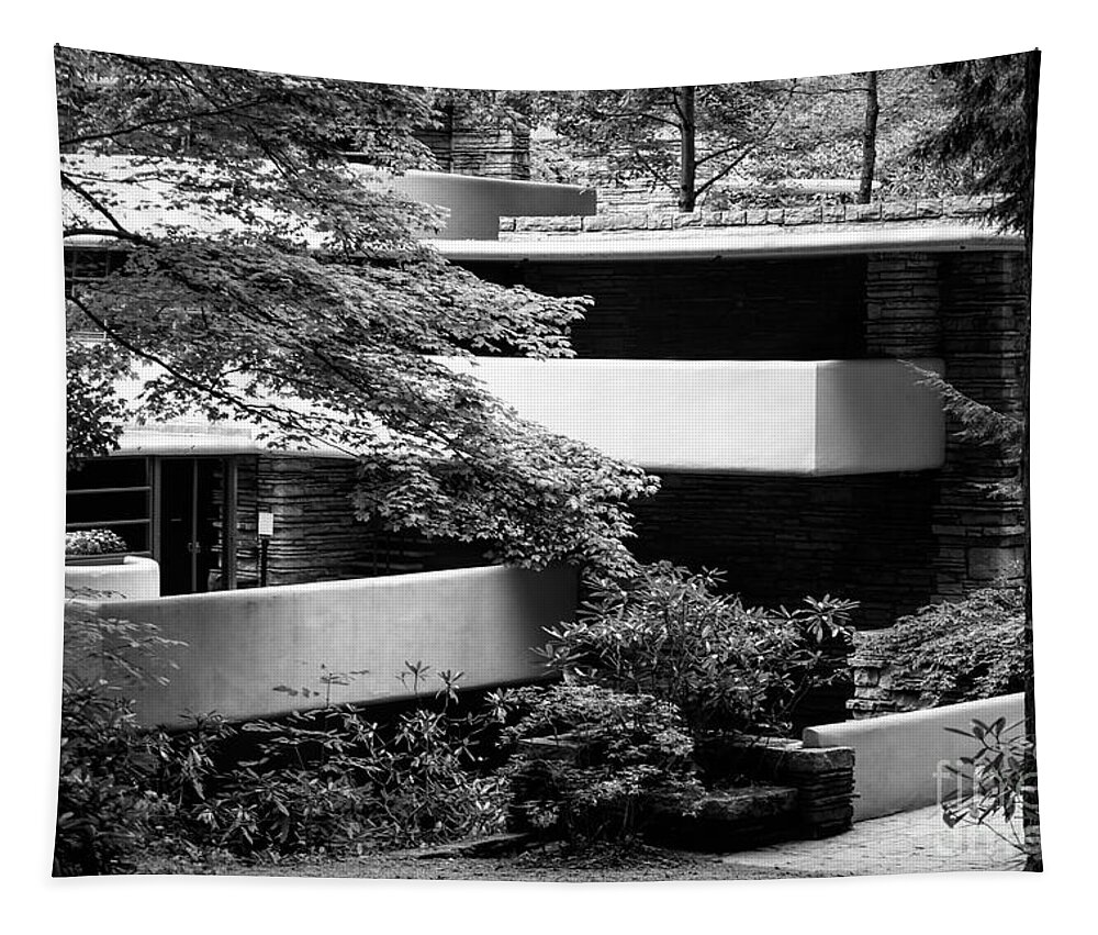 Frank Lloyd Wright Tapestry featuring the photograph Black White Falling Water Architect Frank Lloyd Wright by Chuck Kuhn