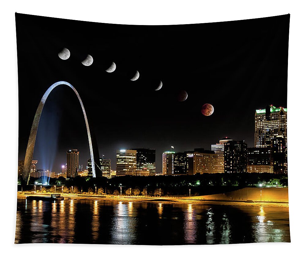 Arch Waterfront Tapestry featuring the photograph Blood Moon over St. Louis 2 by Randall Allen