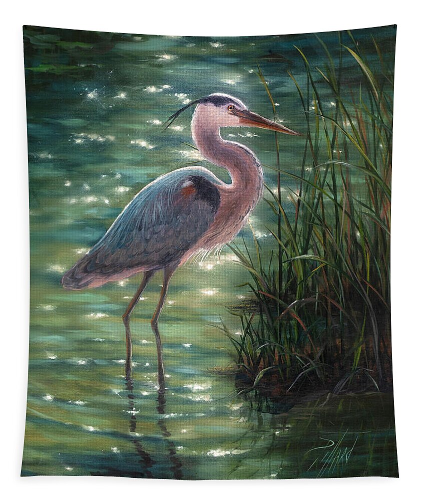 Blue Heron Tapestry featuring the painting Blue Heron by Lynne Pittard