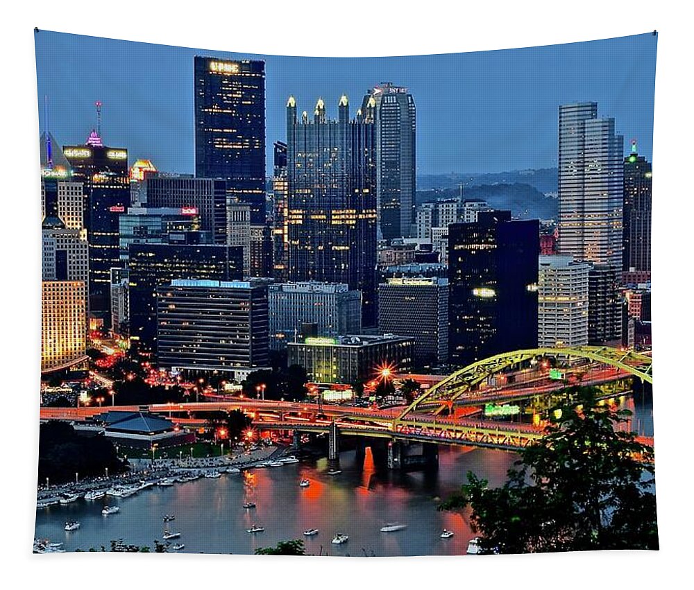 Pittsburgh Tapestry featuring the photograph Blue Hour in Pittsburgh by Frozen in Time Fine Art Photography