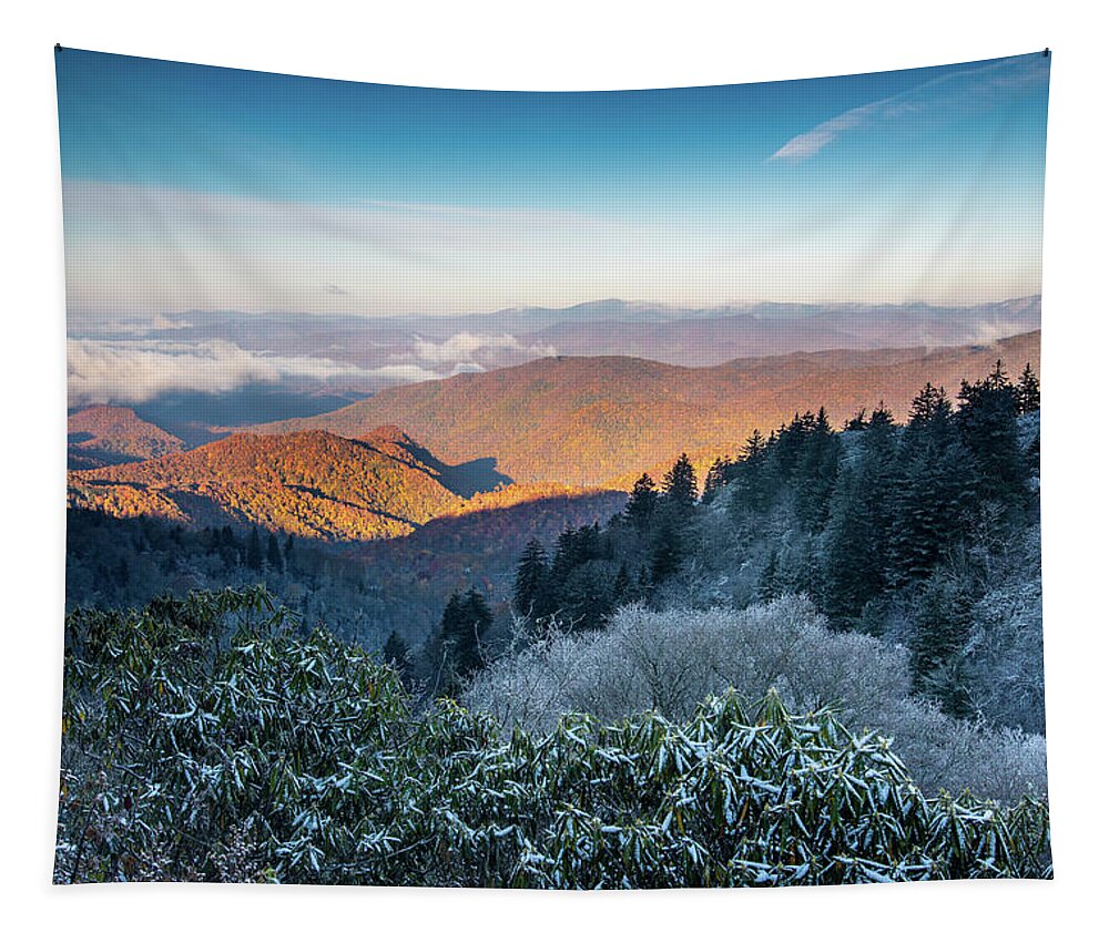 Landscape Tapestry featuring the photograph Blue Ridge Parkway Asheville NC Seasons Mingle by Robert Stephens