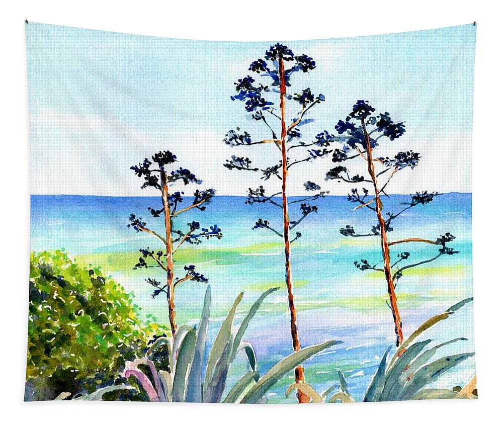 Ocean Tapestry featuring the painting Blue Sea and Agave by Carlin Blahnik CarlinArtWatercolor