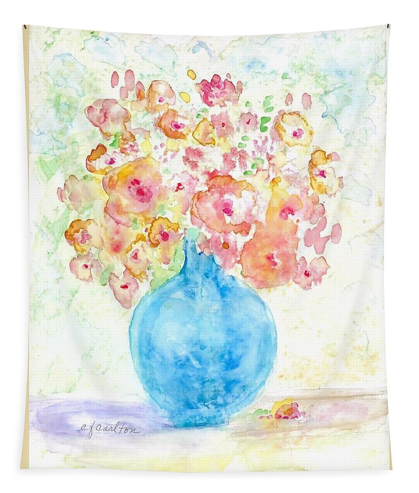 Blue Tapestry featuring the painting Blue Vase with Flowers by Claudette Carlton