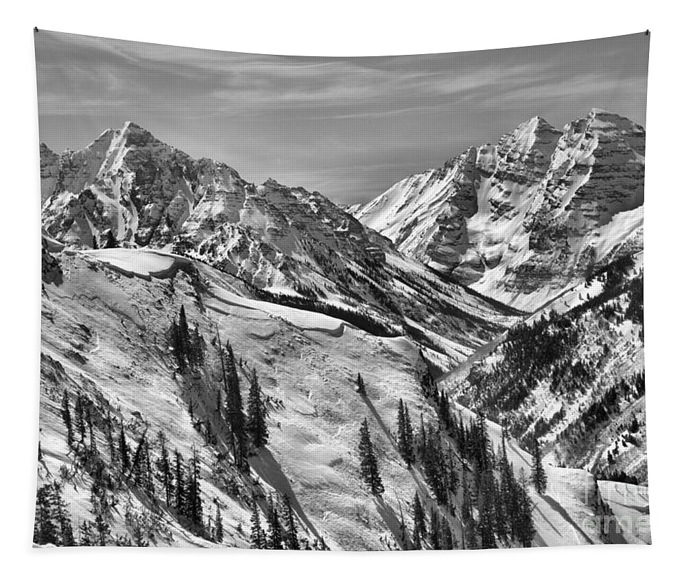 Maroon Bells Tapestry featuring the photograph Bluebird Skies Over The Bells Black And White by Adam Jewell