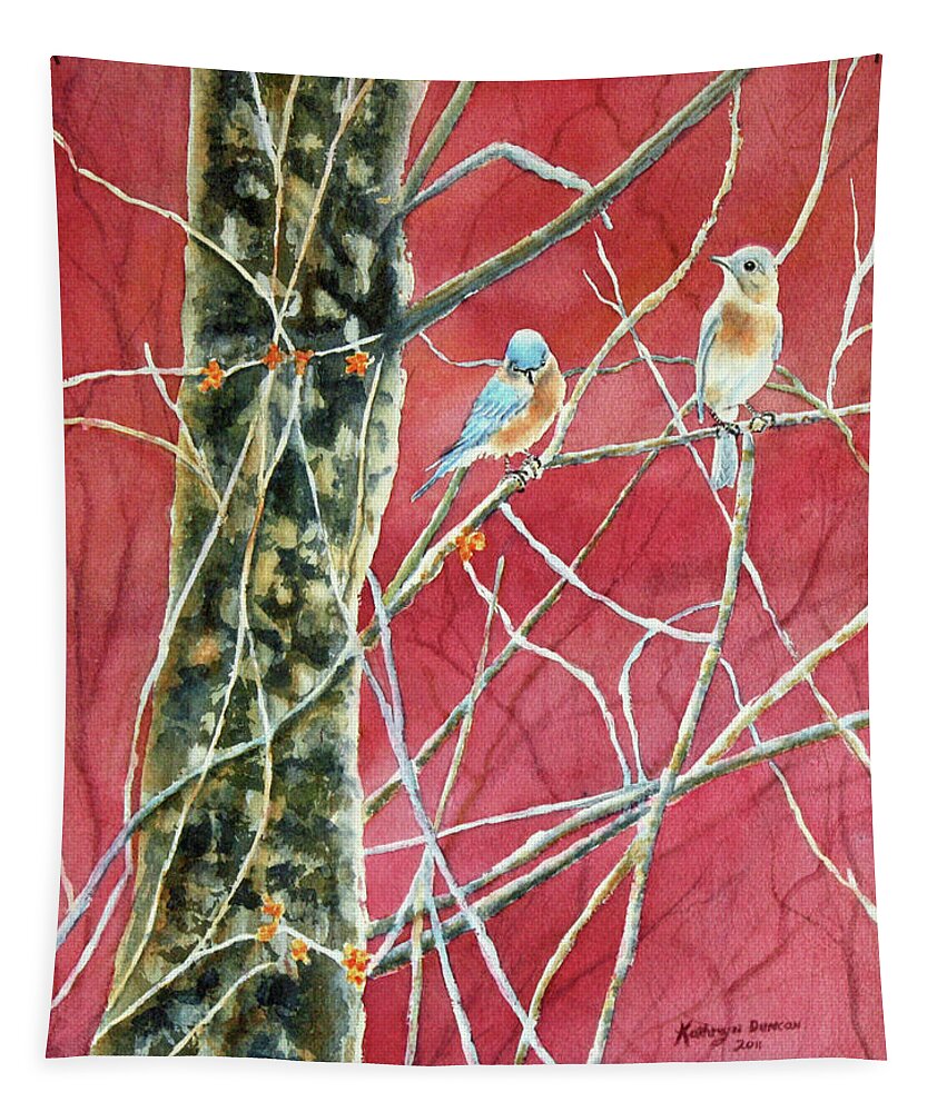 Watercolor Painting Tapestry featuring the painting Bluebirds In Early Spring by Kathryn Duncan