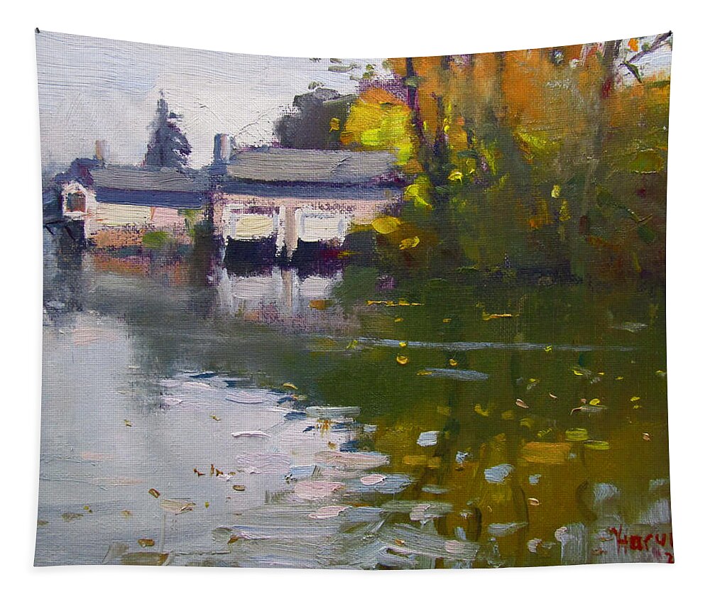 Boathouses Tapestry featuring the painting Boathouses in Fall by Ylli Haruni