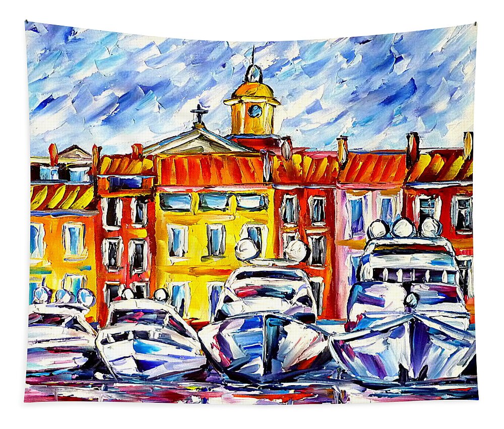 I Love St Tropez Tapestry featuring the painting Boats Of St. Tropez by Mirek Kuzniar