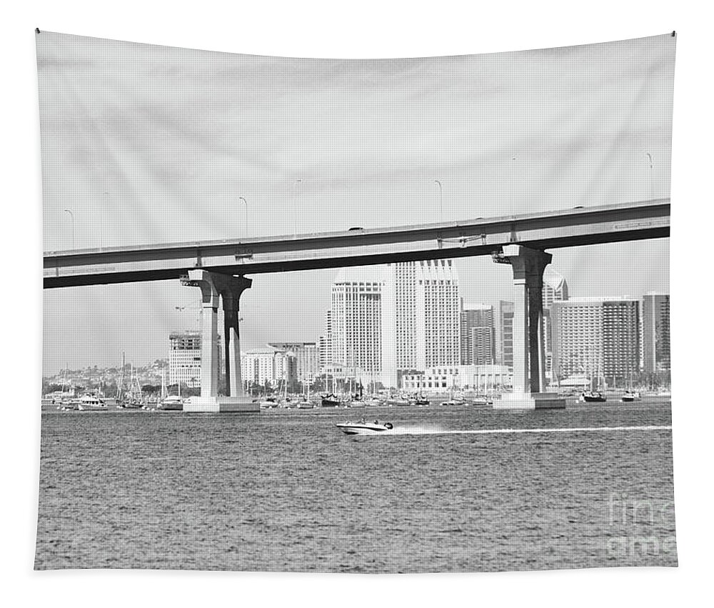 Boats Tapestry featuring the photograph Boats under Coronado Bridge BW by Aicy Karbstein