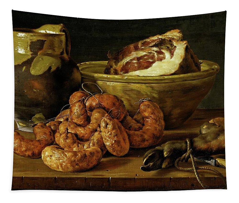 Oil On Canvas Tapestry featuring the painting 'Bodegon con chorizos, jamon y recipientes', 1772, Spanish School, Oil on ... by Luis Melendez -1716-1780-