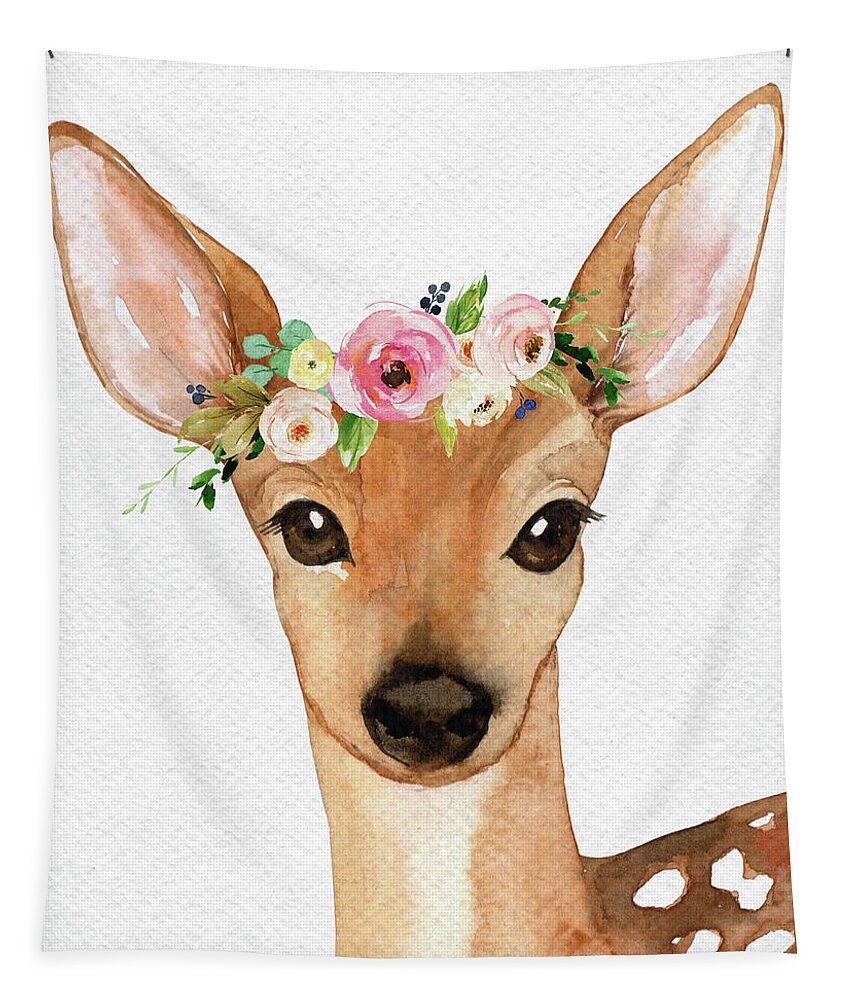 Deer Tapestry featuring the digital art Boho Deer Watercolor Floral Woodland by Pink Forest Cafe
