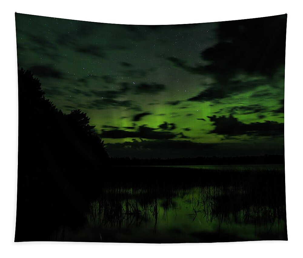 Aurora Borealis Tapestry featuring the photograph Boot Lake Green Aurora by Dale Kauzlaric