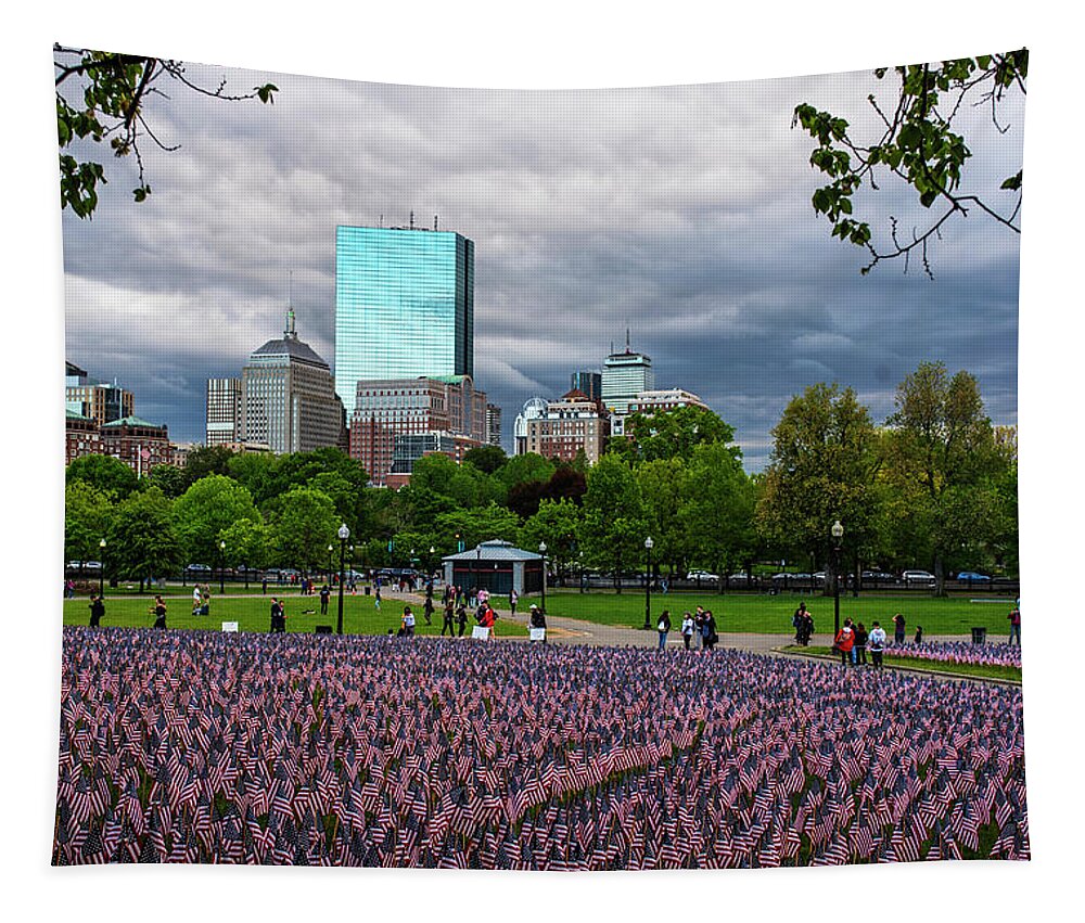 Boston Tapestry featuring the photograph Boston Common Memorial Day Flags Dramatic Sky Boston MA Tree by Toby McGuire