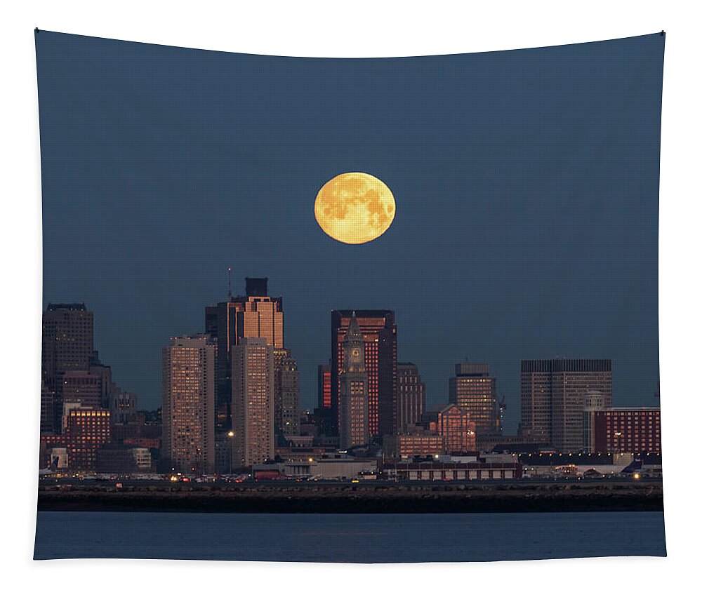 Boston Tapestry featuring the photograph Boston Moonset by Rob Davies