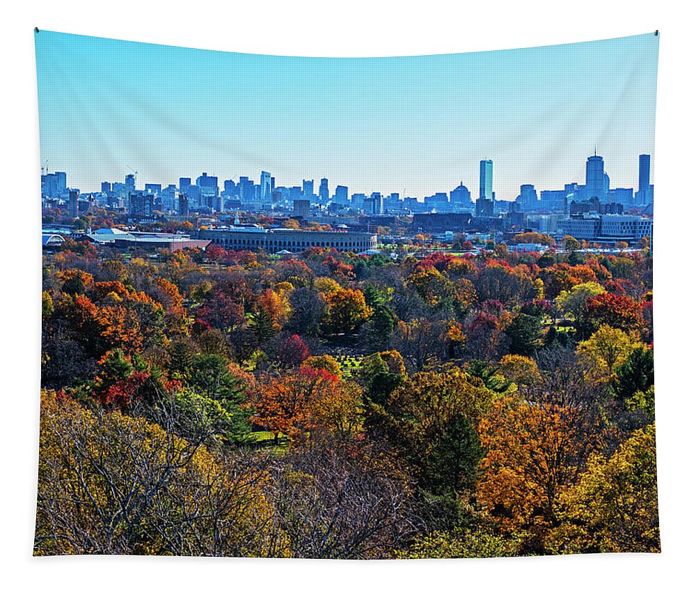 Boston Tapestry featuring the photograph Boston Through the Autumn Trees Boston MA Sunny Day Mount Auburn Cemetery by Toby McGuire