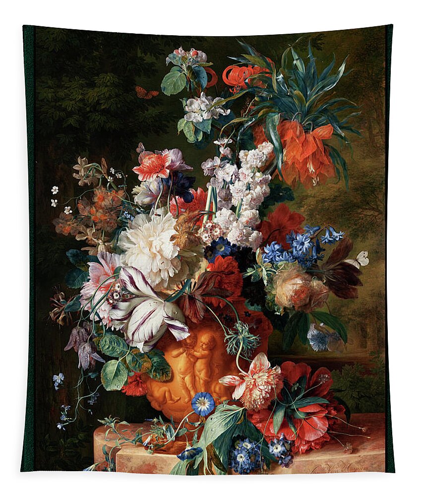 Bouquet Of Flowers In An Urn Tapestry featuring the painting Bouquet Of Flowers In An Urn by Jan van Huysum by Rolando Burbon