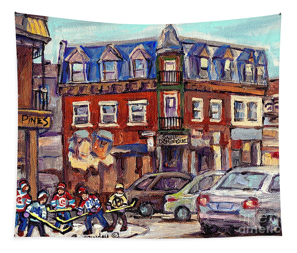 Montreal Tapestry featuring the painting Boys Of St Dominique And Pine Avenue Hockey Art Montreal Plateau Winter Scenes C Spandau Quebec by Carole Spandau