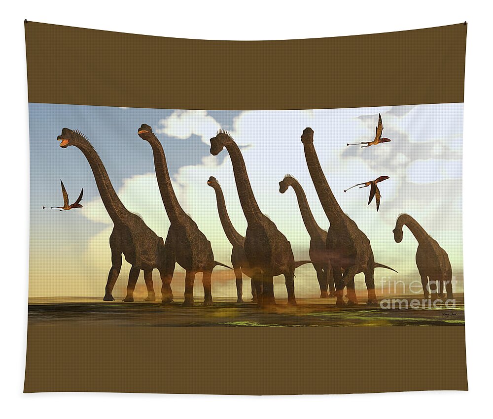 Brachiosaurus Tapestry featuring the digital art Brachiosaurus Dinosaurs on Trek by Corey Ford