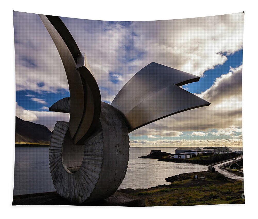 Monument Tapestry featuring the photograph Brakin monument at dusk, Borgarnes, Iceland by Lyl Dil Creations