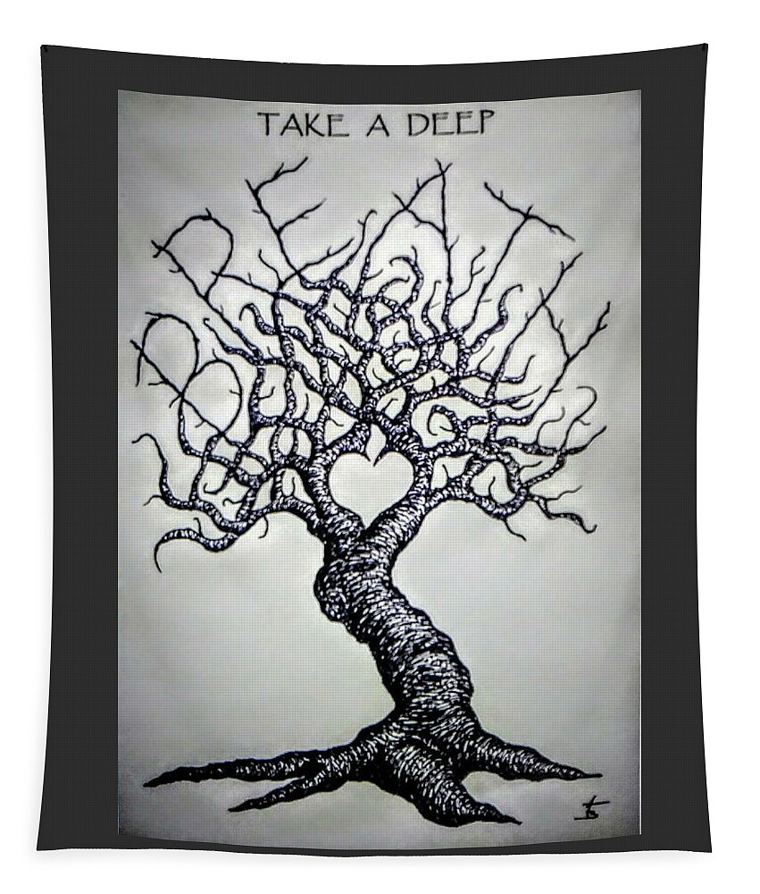 Yoga Tapestry featuring the drawing Breathe Love Tree - blk/wht by Aaron Bombalicki
