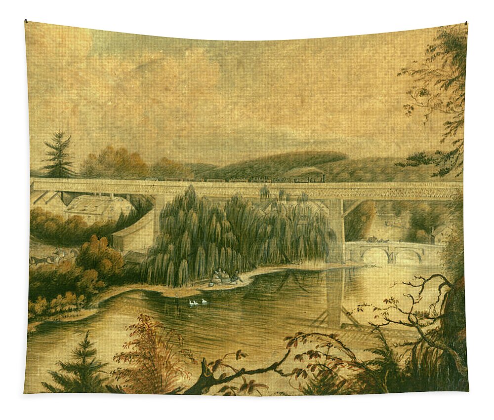 Bridge Tapestry featuring the drawing Bridge over the Wissahickon Creek, about 1835 by William Breton