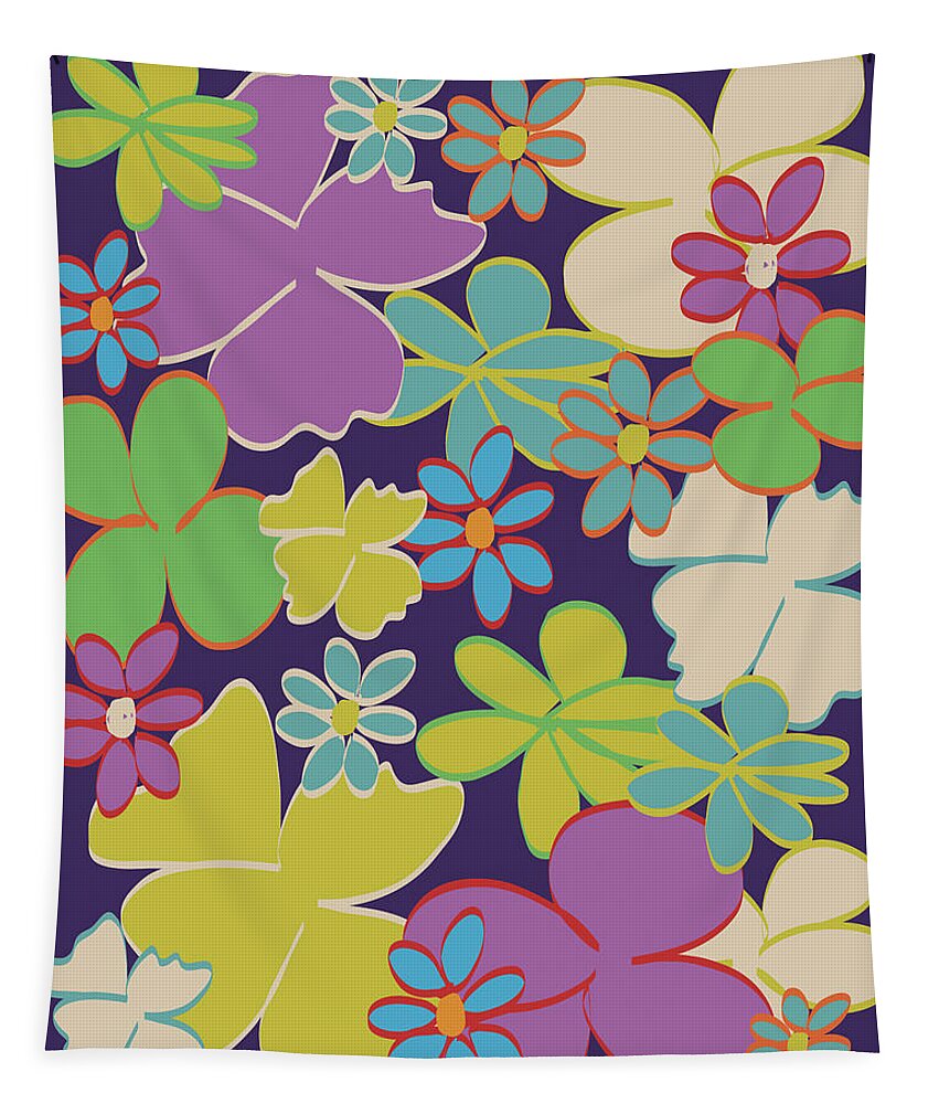 Hand-drawn Flowers Tapestry featuring the digital art Bright Blooms on Dark Purple by Lisa Blake