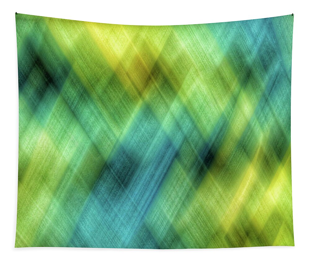Abstract Tapestry featuring the photograph Bright blue, turquoise, green and yellow blurred diamond shapes by Teri Virbickis